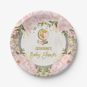 Girly Travel Map / Pink Gold Floral Baby Shower Paper Plate