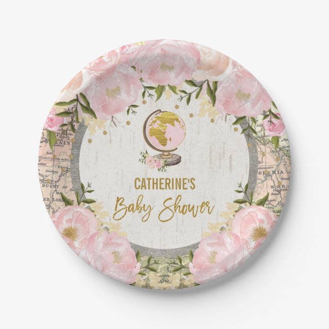 Girly Travel Map / Pink Gold Floral Baby Shower Paper Plate (Front)