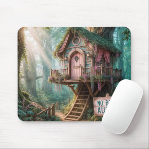 Girly Treehouse With a Funny Sign In a Forest Mouse Mat