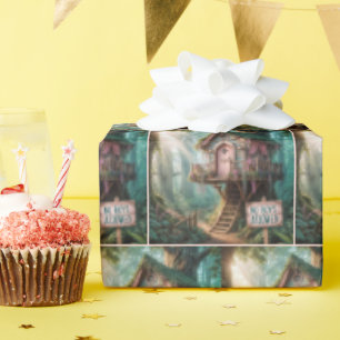 Girly Treehouse With a Funny Sign In a Forest Wrapping Paper