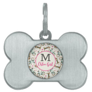 Girly Trendy Bicycles & Dogs Pink Script Name Pet ID Tag
