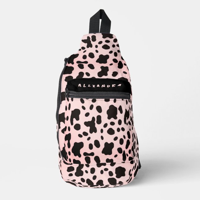 Girly Trendy Black Pink Cow Animal Pattern Name Sling Bag (Front)