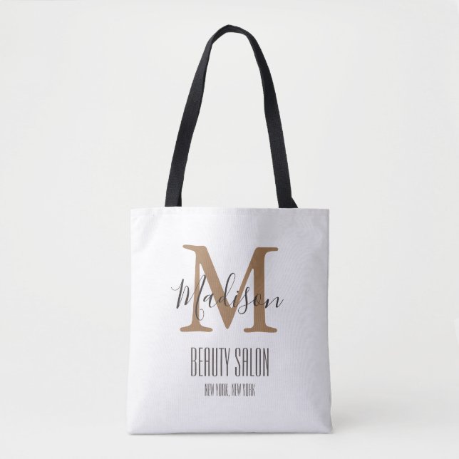 Girly Trendy Brown Gold Beauty SPA Salon Monogram Tote Bag (Front)
