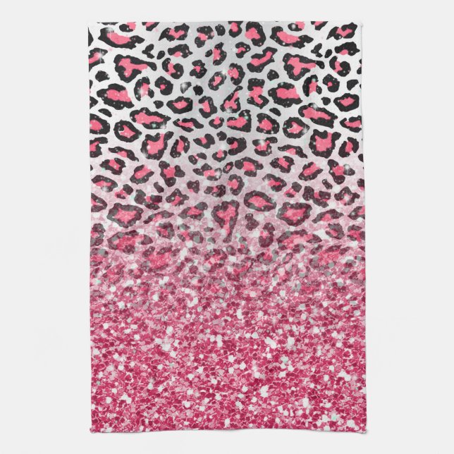 girly trendy bubble gum pink leopard animal print tea towel (Vertical)