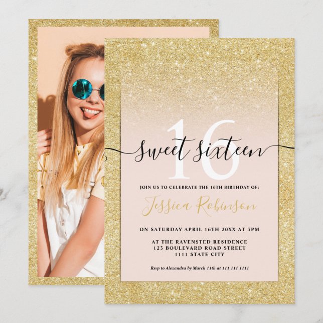 Girly trendy gold glitter ombre pink chic Sweet 16 Invitation (Front/Back)