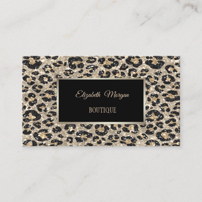 Girly Trendy Modern Glitter Leopard Print,Frame Business Card (Front)