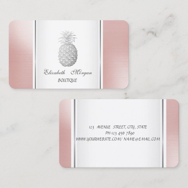 Girly Trendy Modern Silver Pineapple Tropical Business Card (Front/Back)