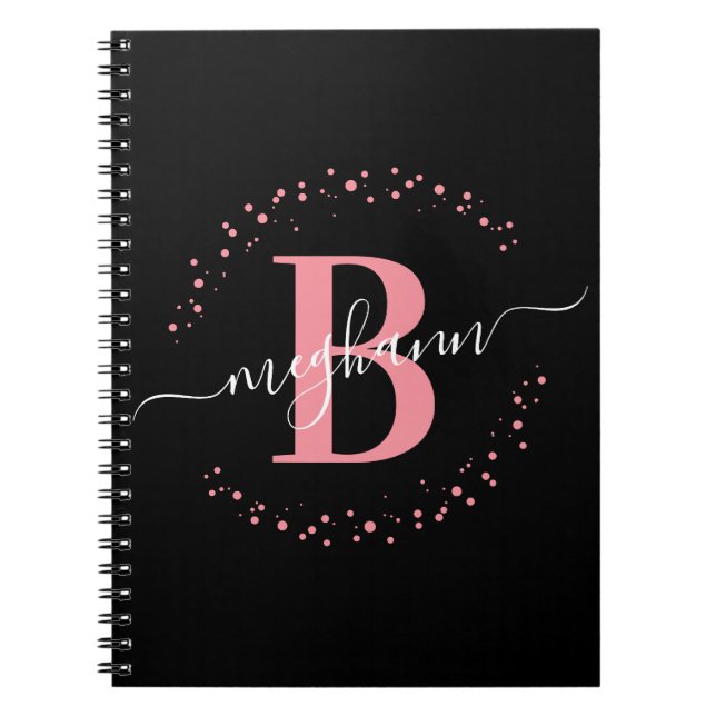 Girly Trendy Pink Black Name Monogram Script Notebook (Front)