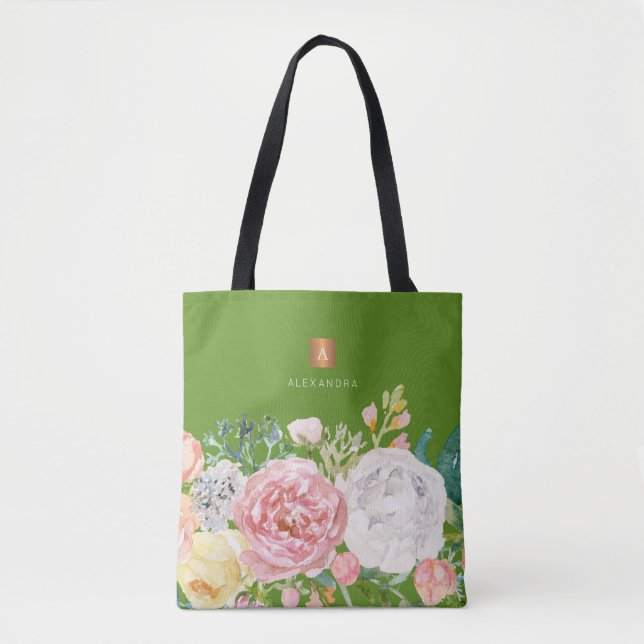 Girly trendy watercolor floral monogram green tote bag (Front)