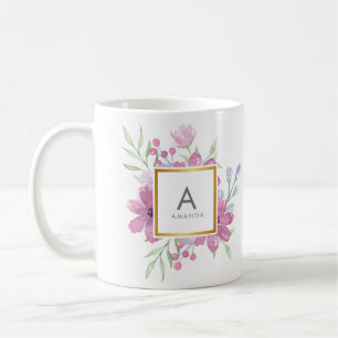 Girly TRENDY Watercolor Peony and Flowers Monogram Coffee Mug