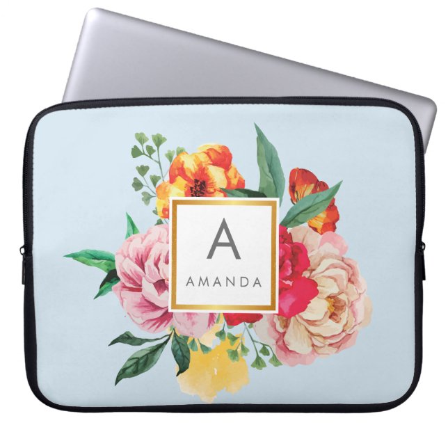 Girly TRENDY Watercolor Peony Flowers Monogram Laptop Sleeve (Front)