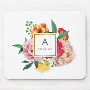 Girly TRENDY Watercolor Peony Flowers Monogram Mouse Mat