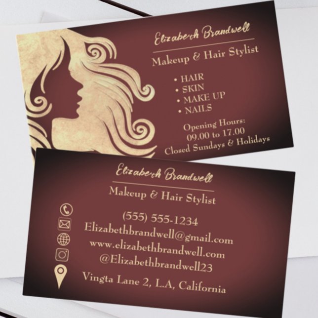 Girly Trendy Wine Red & Gold Makeup Hairstylist  Business Card (Creator Uploaded)