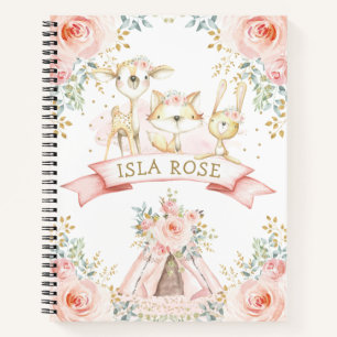 Girly Tribal Woodland Animals Blush Gold Floral Notebook