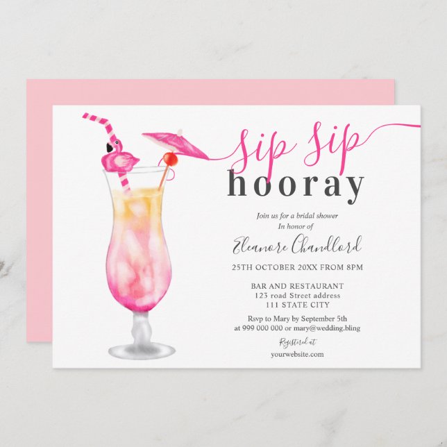 Girly tropical cocktail sip sip bridal shower invitation (Front/Back)