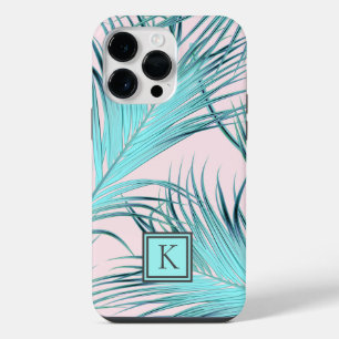 Girly Tropical Island Palm Fronds with Monogram iPhone 14 Pro Max Case