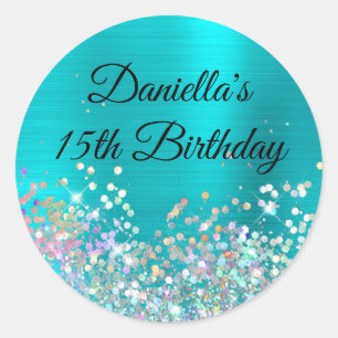 Girly Turquoise Blue Foil Holo Glitter Birthday Classic Round Sticker