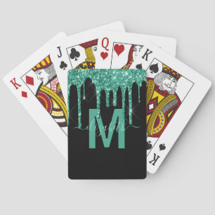 Girly Turquoise Dripping Glitter Monogram Name Playing Cards