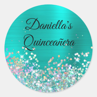 Girly Turquoise Foil Holo Glitter Birthday Classic Round Sticker