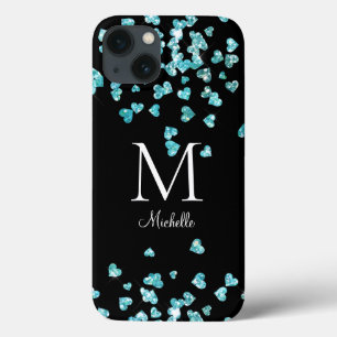 Girly Turquoise Glitter Hearts Monogram iPhone 13 Case