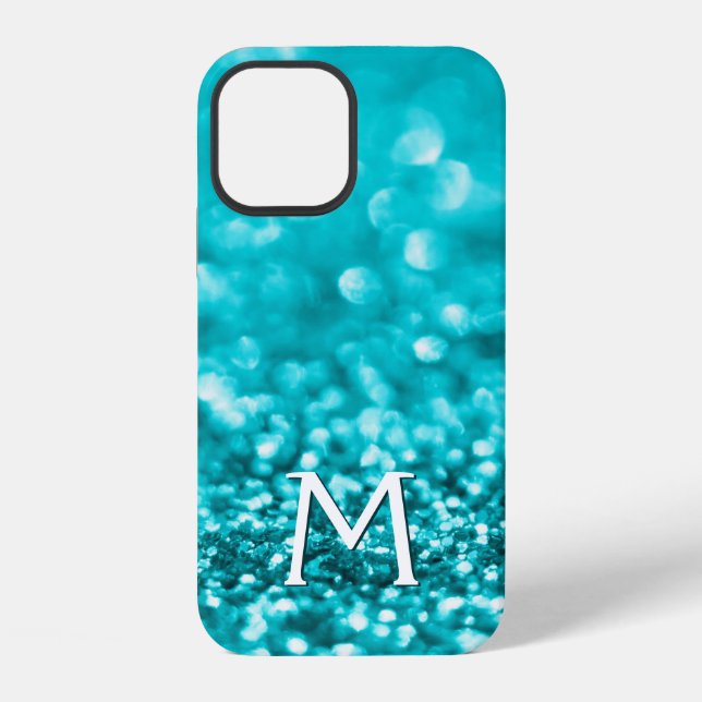 Girly Turquoise Glitter Monogram iPhone Case (Back)