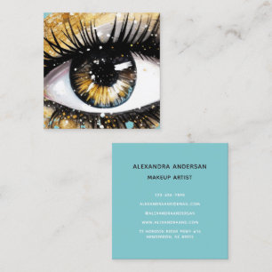 Girly Turquoise Gold Glitter Eyelash Makeup Artist Square Business Card