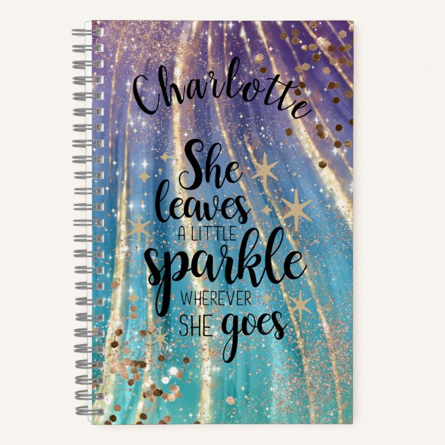 Girly Turquoise Gold Mermaid Glitter Custom Name  Notebook (Front)