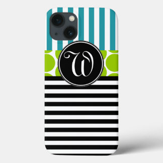 GIRLY TURQUOISE GREEN BLACK STRIPES MONOGRAM iPhone 13 CASE