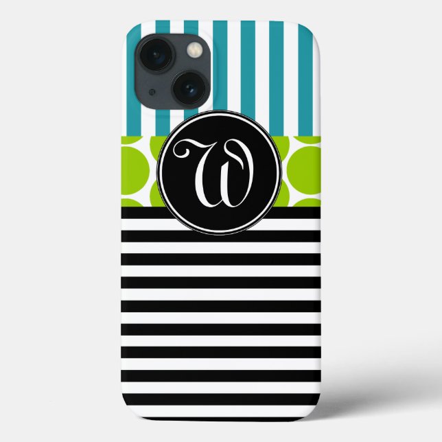 GIRLY TURQUOISE GREEN BLACK STRIPES MONOGRAM Case-Mate iPhone CASE (Back)