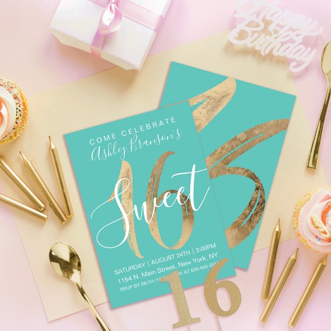 Girly Turquoise Green Gold Foil Sweet 16 Invitation (Creator Uploaded)