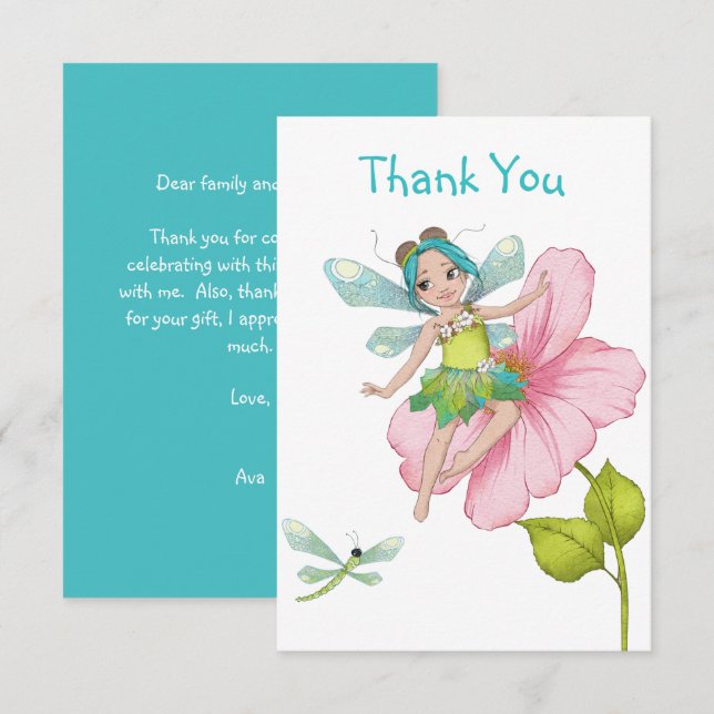 Girly Turquoise Green Pink Dragonfly Thank You Card (Front/Back)
