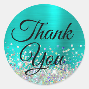 Girly Turquoise Ombre Foil Holo Glitter Thank You Classic Round Sticker
