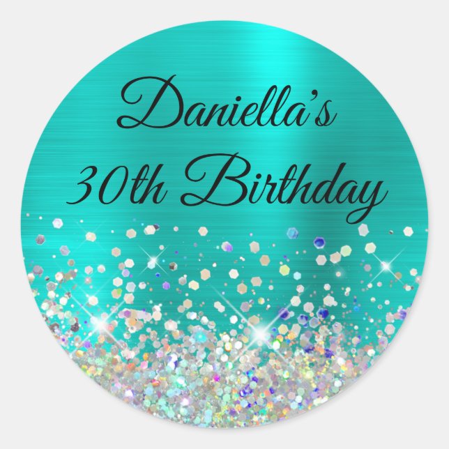 Girly Turquoise Ombre Holo Glitter 30th Birthday Classic Round Sticker (Front)