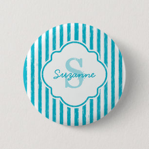 Girly Turquoise Painted Stripes Monogram and Name 6 Cm Round Badge