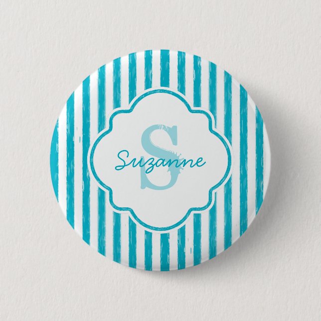 Girly Turquoise Painted Stripes Monogram and Name 6 Cm Round Badge (Front)