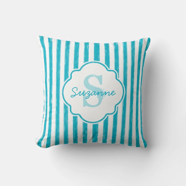 Girly Turquoise Painted Stripes Monogram and Name Cushion (Front)