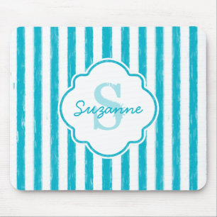 Girly Turquoise Painted Stripes Monogram and Name Mouse Mat