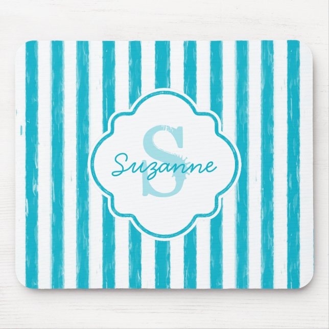 Girly Turquoise Painted Stripes Monogram and Name Mouse Mat (Front)