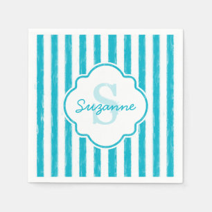 Girly Turquoise Painted Stripes Monogram and Name Napkin