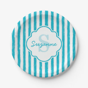 Girly Turquoise Painted Stripes Monogram and Name Paper Plate