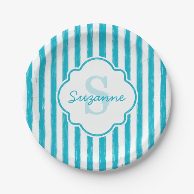 Girly Turquoise Painted Stripes Monogram and Name Paper Plate (Front)