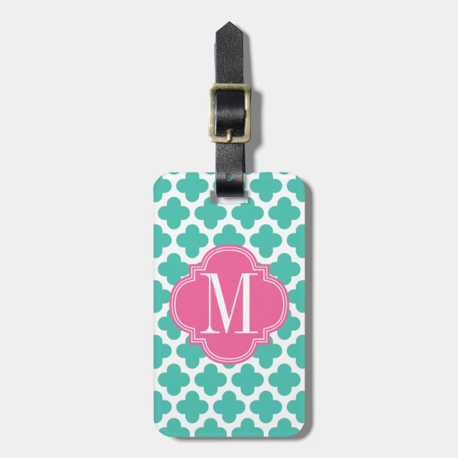 Girly Turquoise & Pink Quatrefoil Personalised Luggage Tag (Front Vertical)