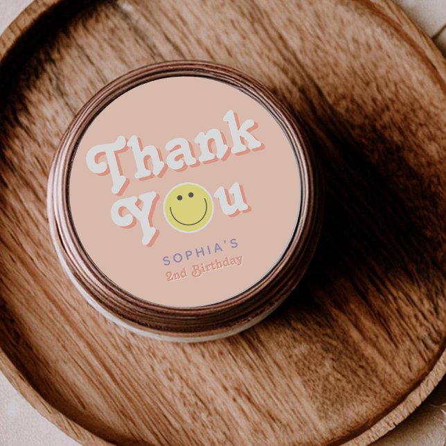 Girly Two Groovy 2nd Birthday Thank You Favour Classic Round Sticker (Creator Uploaded)