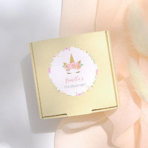 Girly Unicorn Face Script Name Birthday Party Classic Round Sticker