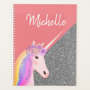 Girly Unicorn Glitter Pink Silver Personalised Planner