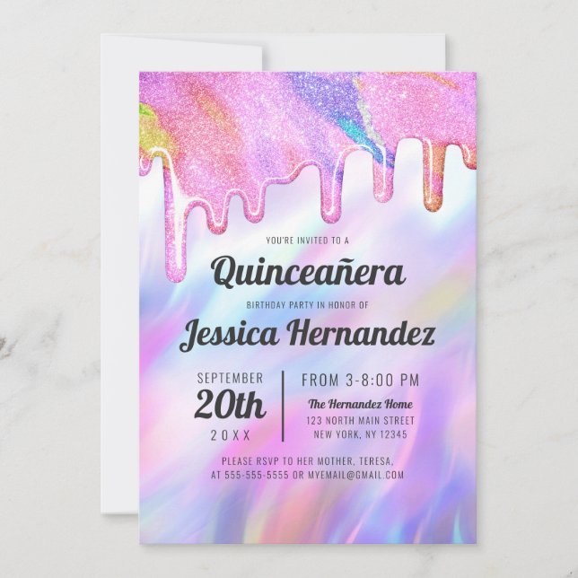 Girly Unicorn Holographic Glitter Drip Quinceañera Invitation (Front)