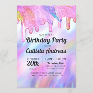 Girly Unicorn Holographic Glitter Drips Birthday Invitation