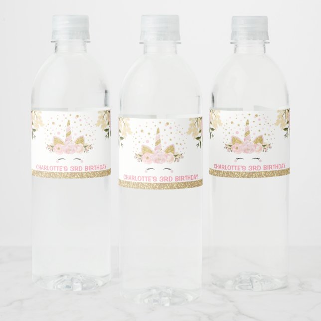 Girly Unicorn Pink Floral Birthday Party Favour Water Bottle Label (Bottles)