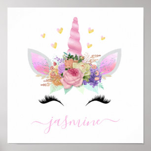 Girly Unicorn Pink Floral Script Name Poster