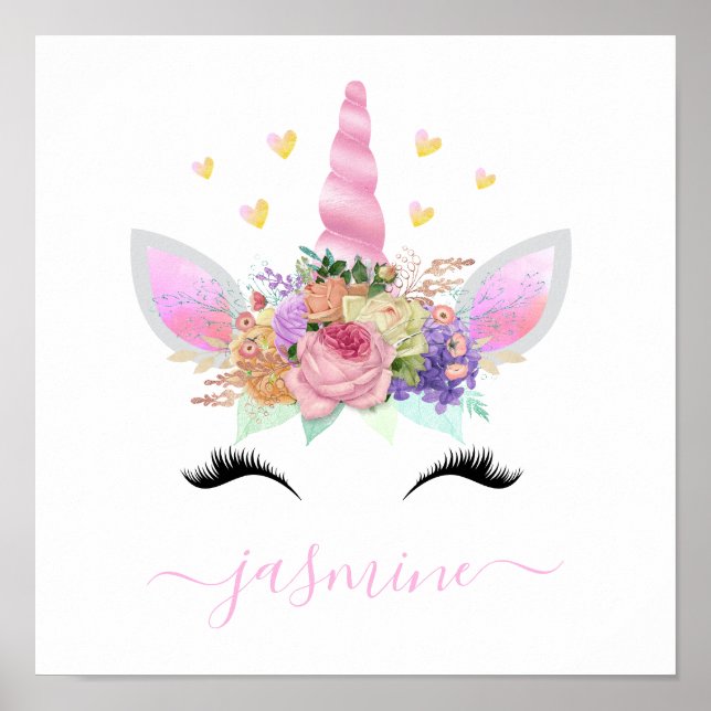 Girly Unicorn Pink Floral Script Name Poster (Front)